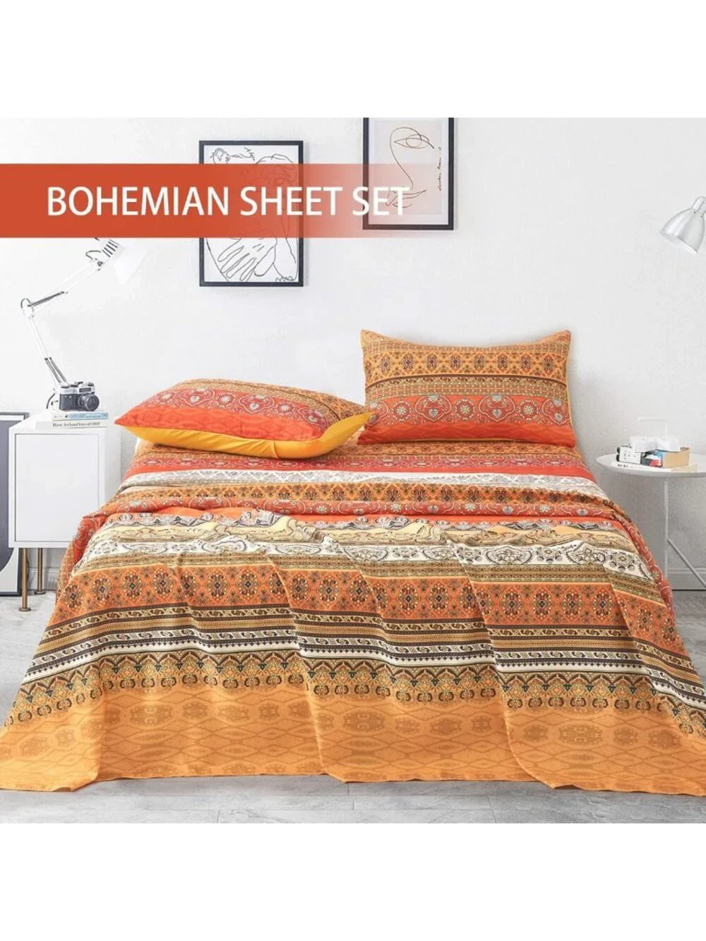 Boho Orange Queen Sheet Set - 4 PCS Colorful Striped Bedding, Deep Pocket